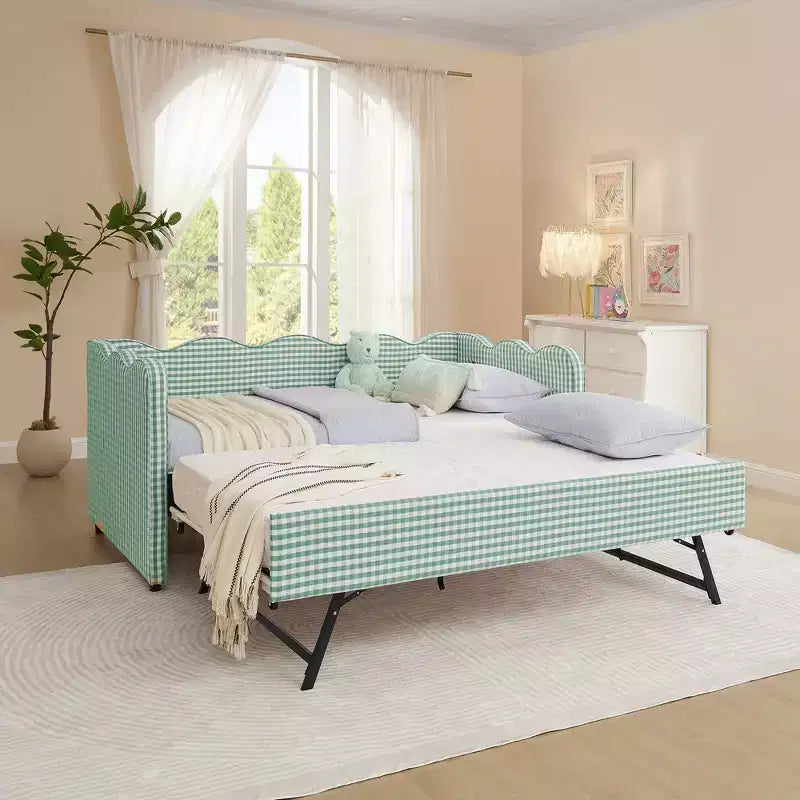 Divano Letto Singolo con Letto Estraibile, Testiera Ondulata e Porta USB Integrata, Rivestimento in Gingham