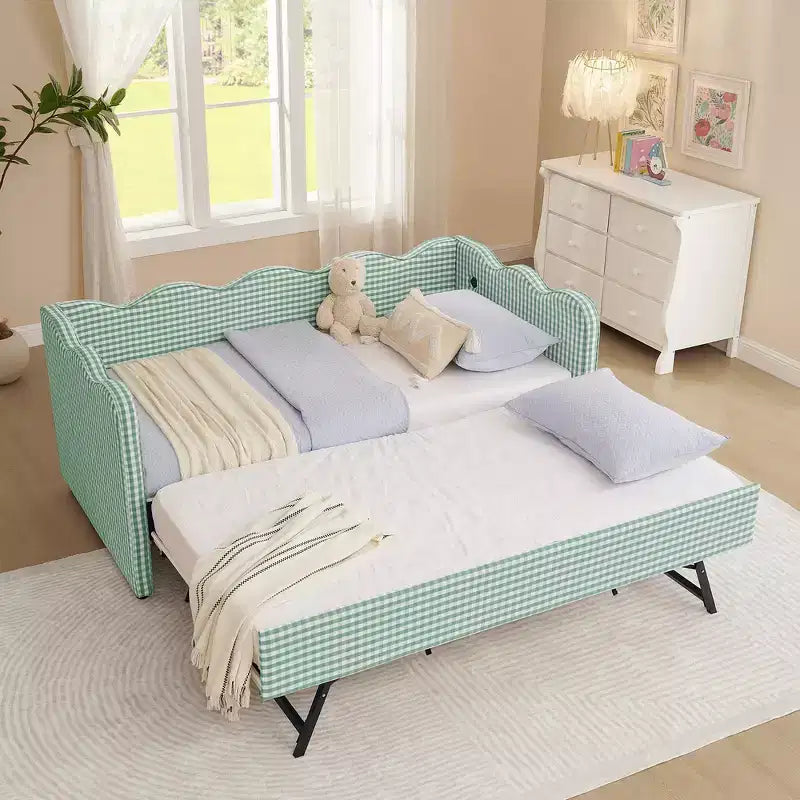 Divano Letto Singolo con Letto Estraibile, Testiera Ondulata e Porta USB Integrata, Rivestimento in Gingham