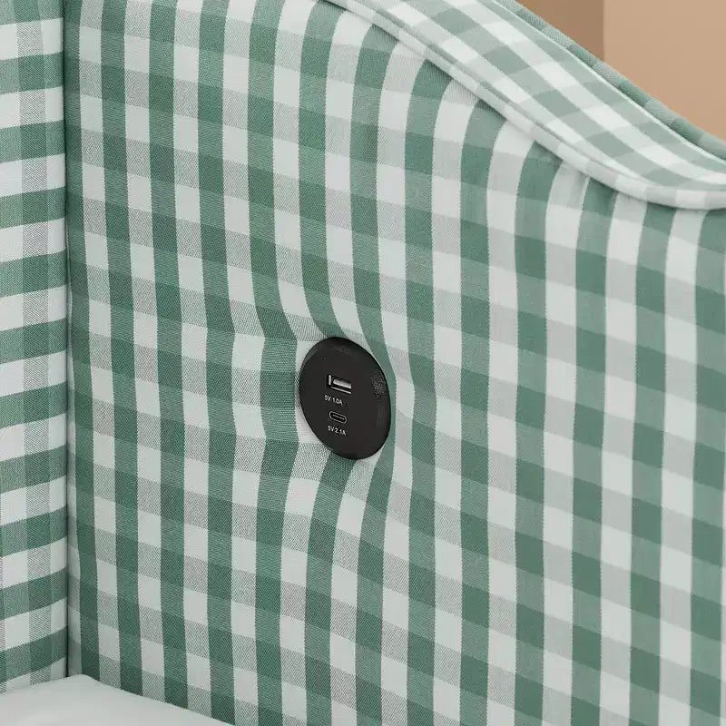 Divano Letto Singolo con Letto Estraibile, Testiera Ondulata e Porta USB Integrata, Rivestimento in Gingham
