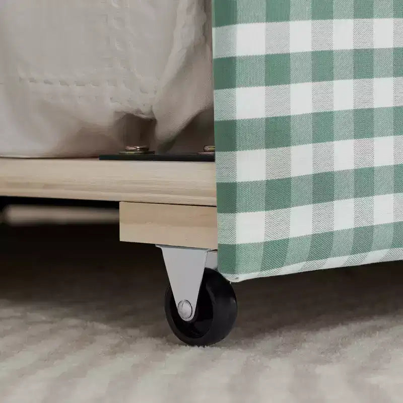 Divano Letto Singolo con Letto Estraibile, Testiera Ondulata e Porta USB Integrata, Rivestimento in Gingham