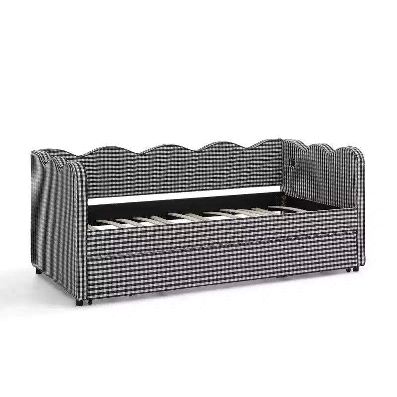 Divano Letto Singolo con Letto Estraibile, Testiera Ondulata e Porta USB Integrata, Rivestimento in Gingham