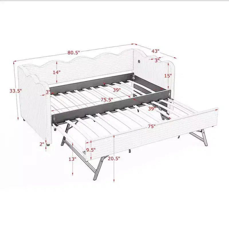 Divano Letto Singolo con Letto Estraibile, Testiera Ondulata e Porta USB Integrata, Rivestimento in Gingham