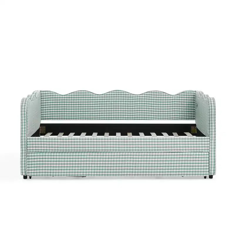 Divano Letto Singolo con Letto Estraibile, Testiera Ondulata e Porta USB Integrata, Rivestimento in Gingham