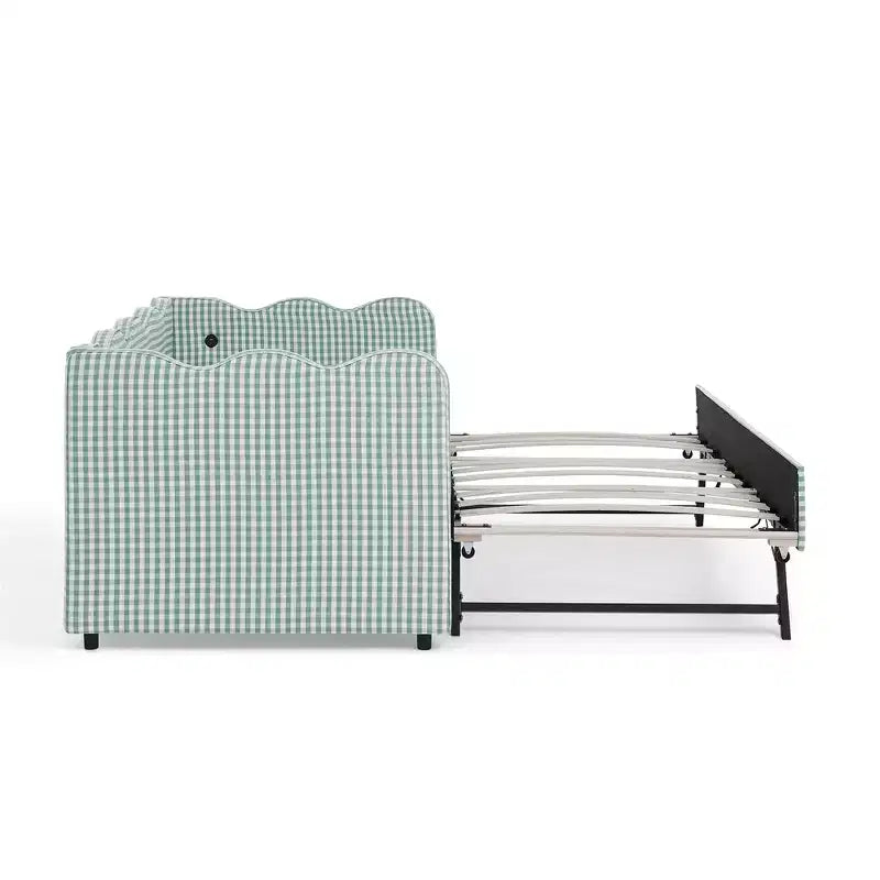 Divano Letto Singolo con Letto Estraibile, Testiera Ondulata e Porta USB Integrata, Rivestimento in Gingham