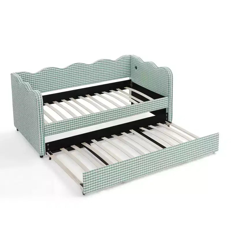 Divano Letto Singolo con Letto Estraibile, Testiera Ondulata e Porta USB Integrata, Rivestimento in Gingham