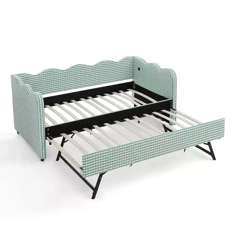 Divano Letto Singolo con Letto Estraibile, Testiera Ondulata e Porta USB Integrata, Rivestimento in Gingham