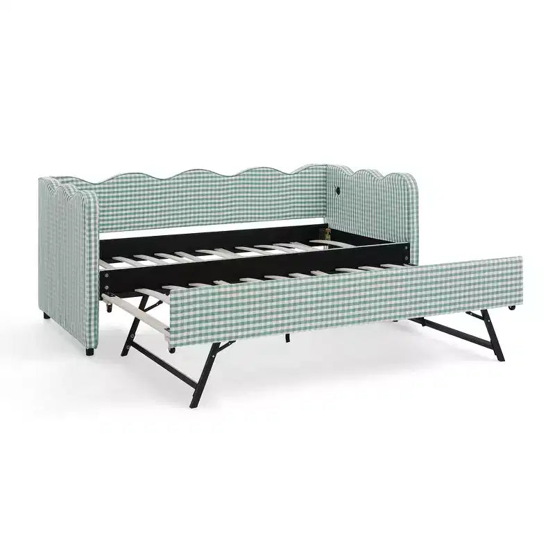Divano Letto Singolo con Letto Estraibile, Testiera Ondulata e Porta USB Integrata, Rivestimento in Gingham