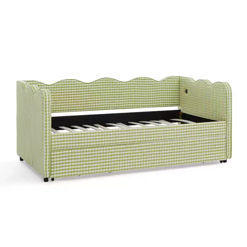 Divano Letto Singolo con Letto Estraibile, Testiera Ondulata e Porta USB Integrata, Rivestimento in Gingham