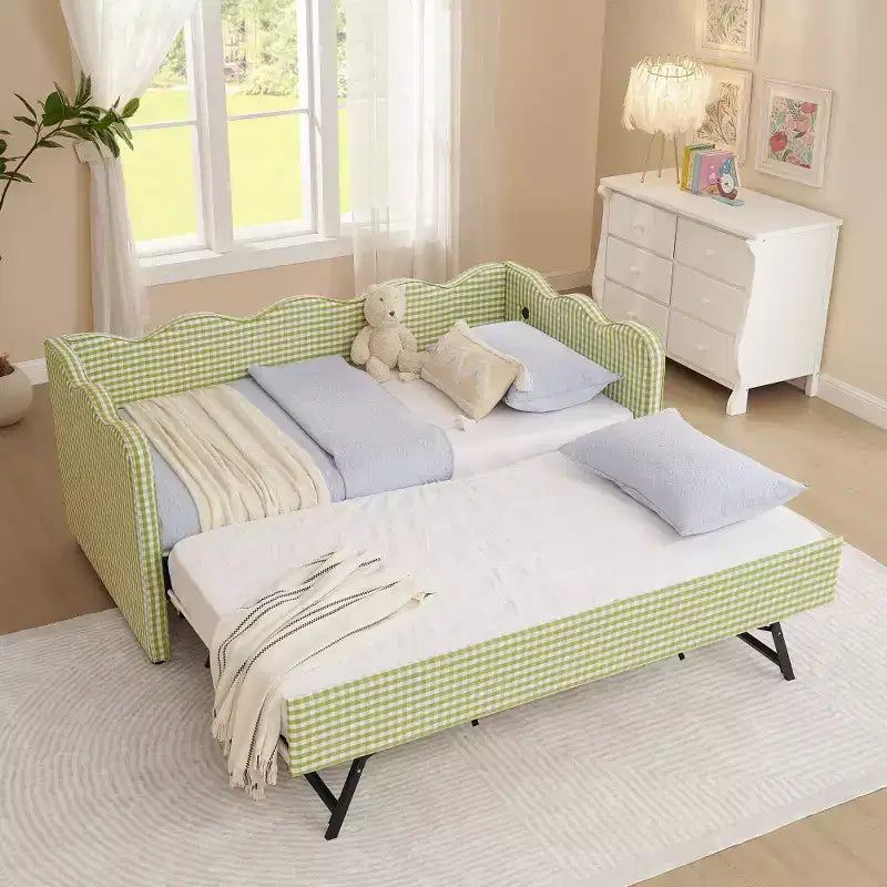 Divano Letto Singolo con Letto Estraibile, Testiera Ondulata e Porta USB Integrata, Rivestimento in Gingham