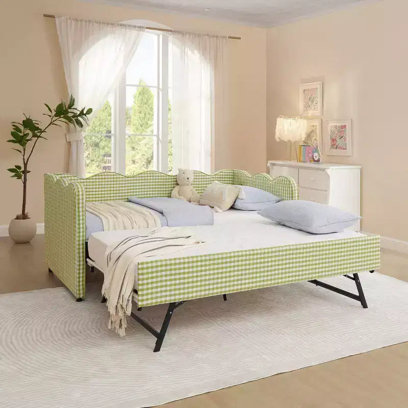 Divano Letto Singolo con Letto Estraibile, Testiera Ondulata e Porta USB Integrata, Rivestimento in Gingham