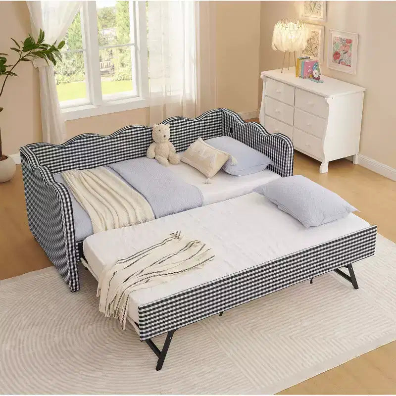 Divano Letto Singolo con Letto Estraibile, Testiera Ondulata e Porta USB Integrata, Rivestimento in Gingham