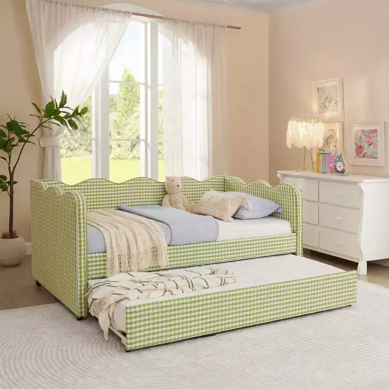 Divano Letto Singolo con Letto Estraibile, Testiera Ondulata e Porta USB Integrata, Rivestimento in Gingham