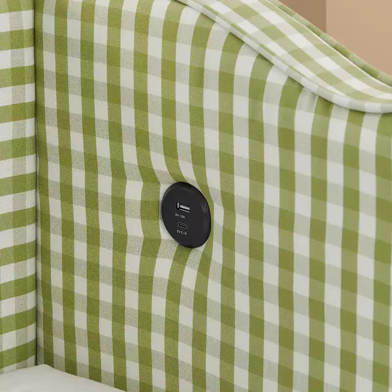 Divano Letto Singolo con Letto Estraibile, Testiera Ondulata e Porta USB Integrata, Rivestimento in Gingham