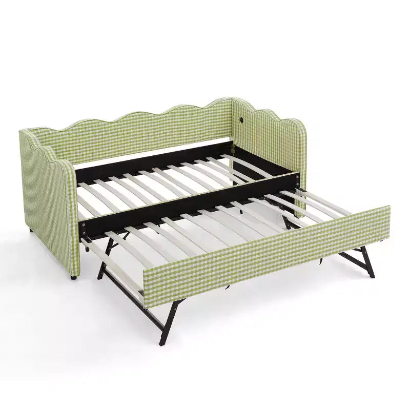 Divano Letto Singolo con Letto Estraibile, Testiera Ondulata e Porta USB Integrata, Rivestimento in Gingham