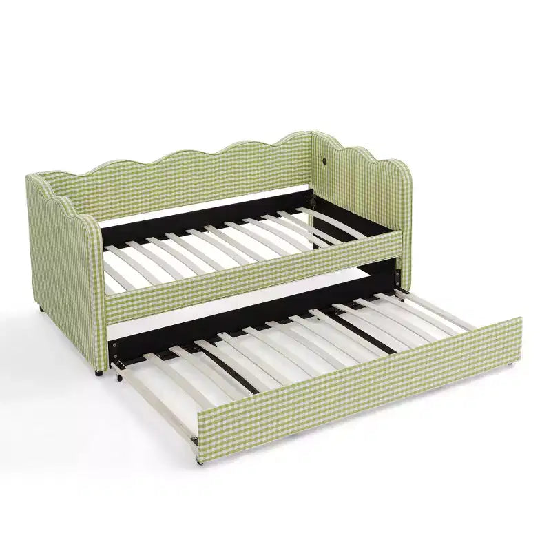 Divano Letto Singolo con Letto Estraibile, Testiera Ondulata e Porta USB Integrata, Rivestimento in Gingham