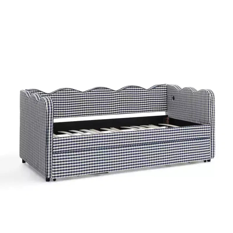 Divano Letto Singolo con Letto Estraibile, Testiera Ondulata e Porta USB Integrata, Rivestimento in Gingham