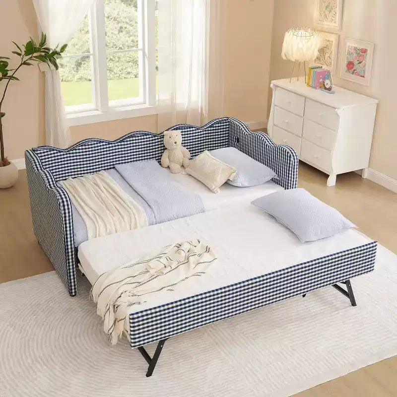 Divano Letto Singolo con Letto Estraibile, Testiera Ondulata e Porta USB Integrata, Rivestimento in Gingham