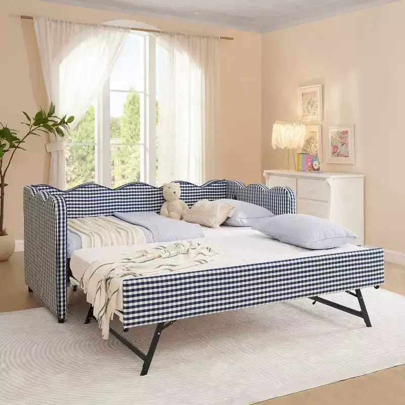 Divano Letto Singolo con Letto Estraibile, Testiera Ondulata e Porta USB Integrata, Rivestimento in Gingham