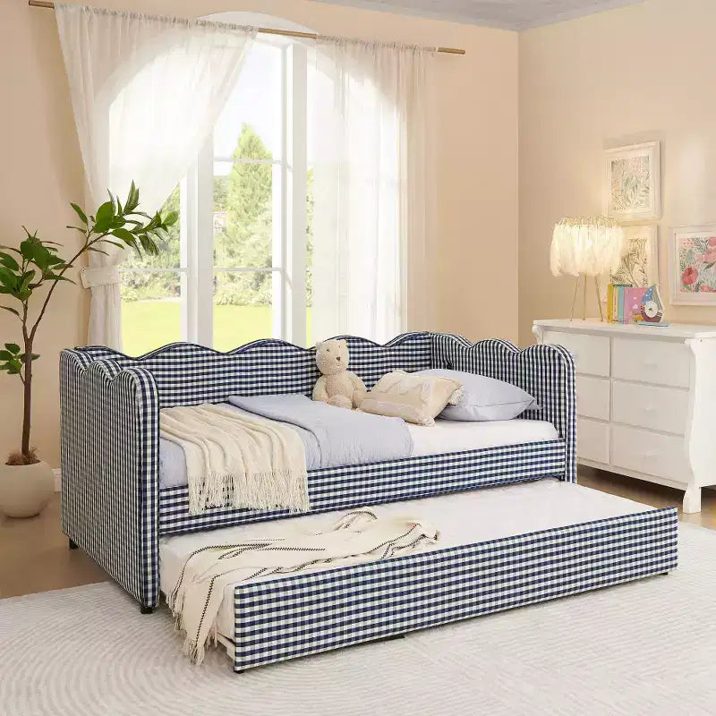 Divano Letto Singolo con Letto Estraibile, Testiera Ondulata e Porta USB Integrata, Rivestimento in Gingham