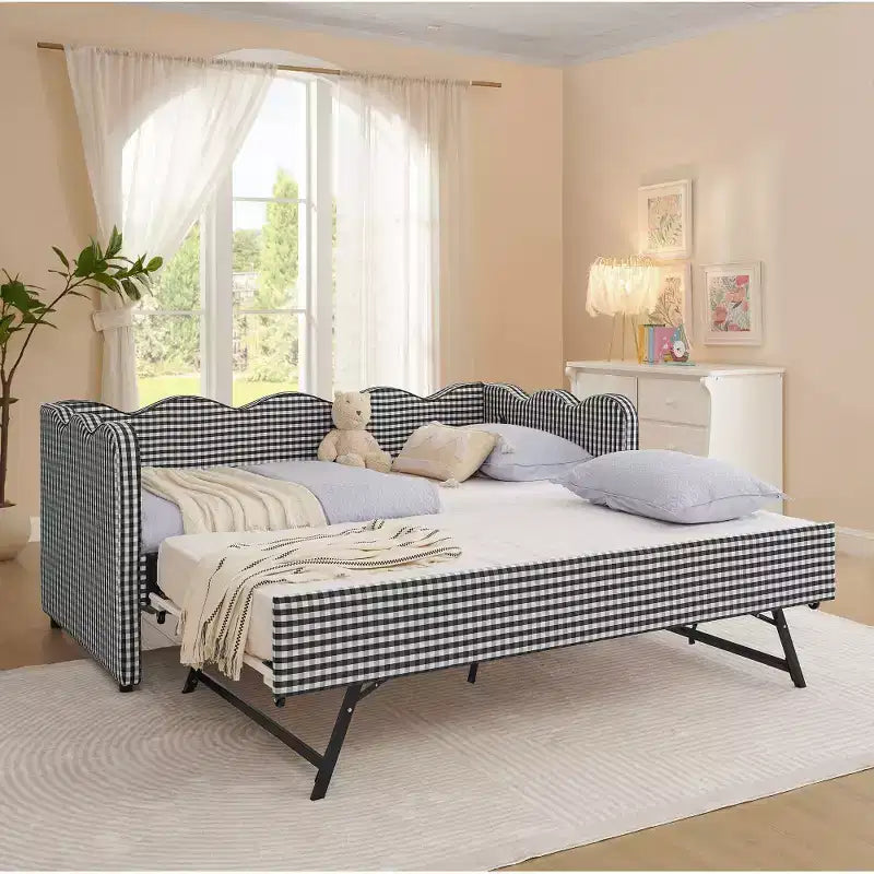 Divano Letto Singolo con Letto Estraibile, Testiera Ondulata e Porta USB Integrata, Rivestimento in Gingham