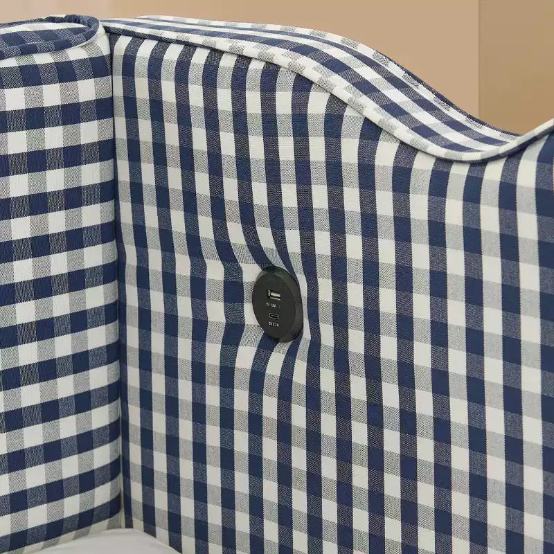 Divano Letto Singolo con Letto Estraibile, Testiera Ondulata e Porta USB Integrata, Rivestimento in Gingham