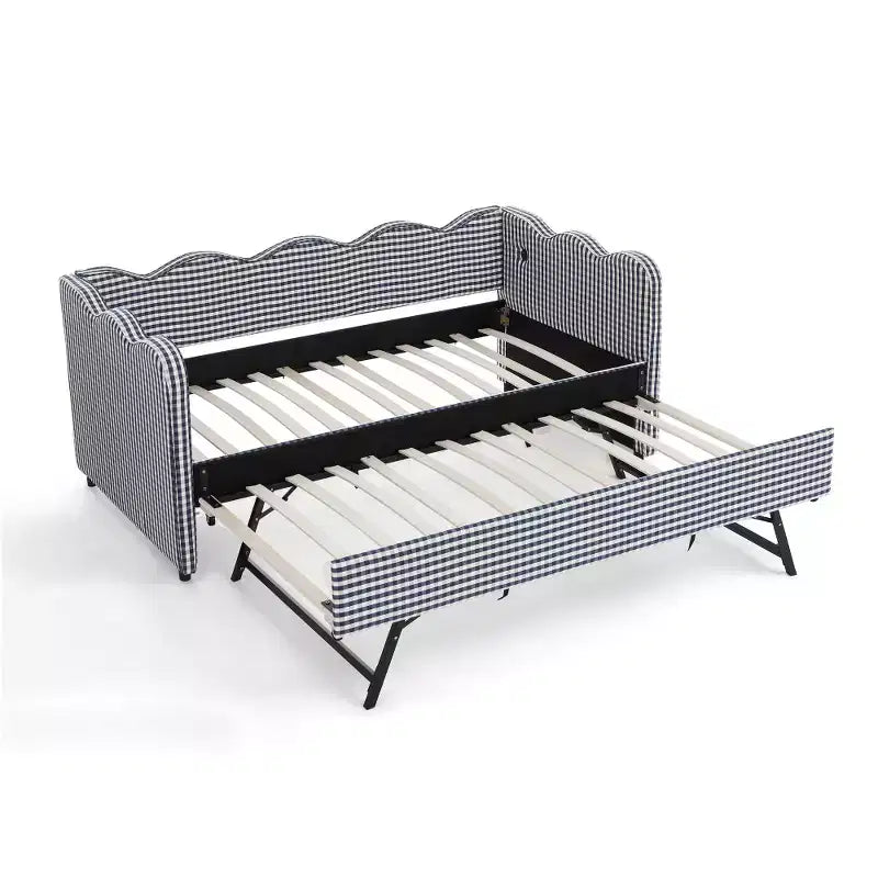Divano Letto Singolo con Letto Estraibile, Testiera Ondulata e Porta USB Integrata, Rivestimento in Gingham