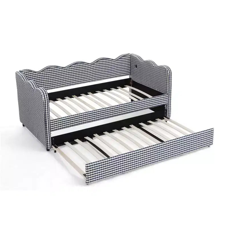 Divano Letto Singolo con Letto Estraibile, Testiera Ondulata e Porta USB Integrata, Rivestimento in Gingham