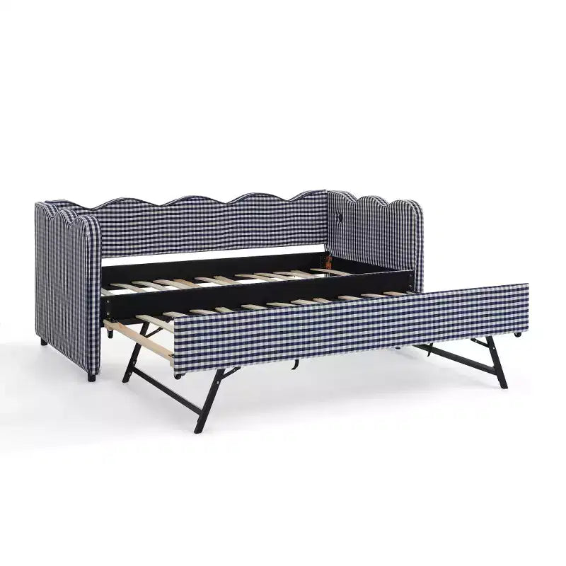 Divano Letto Singolo con Letto Estraibile, Testiera Ondulata e Porta USB Integrata, Rivestimento in Gingham
