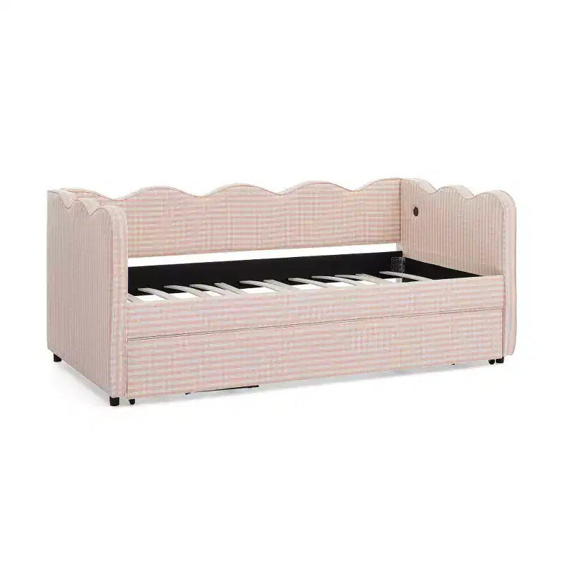 Divano Letto Singolo con Letto Estraibile, Testiera Ondulata e Porta USB Integrata, Rivestimento in Gingham