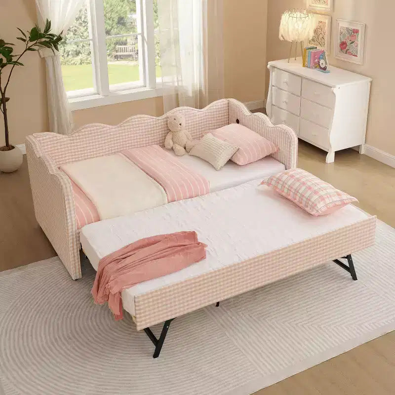 Divano Letto Singolo con Letto Estraibile, Testiera Ondulata e Porta USB Integrata, Rivestimento in Gingham