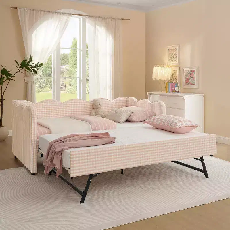 Divano Letto Singolo con Letto Estraibile, Testiera Ondulata e Porta USB Integrata, Rivestimento in Gingham