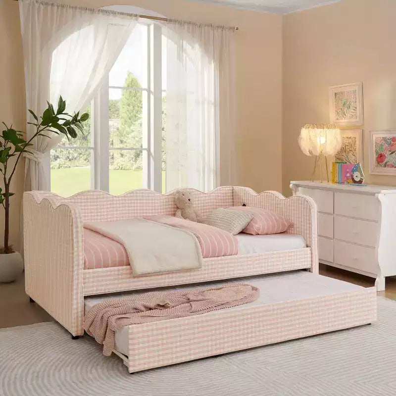 Divano Letto Singolo con Letto Estraibile, Testiera Ondulata e Porta USB Integrata, Rivestimento in Gingham