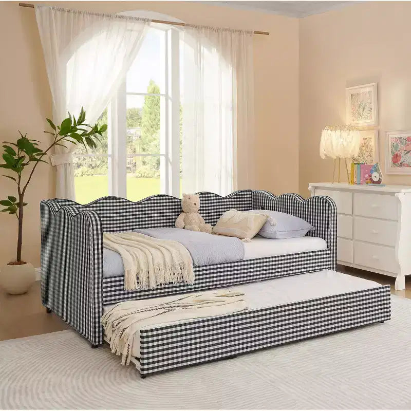 Divano Letto Singolo con Letto Estraibile, Testiera Ondulata e Porta USB Integrata, Rivestimento in Gingham