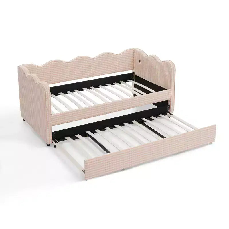 Divano Letto Singolo con Letto Estraibile, Testiera Ondulata e Porta USB Integrata, Rivestimento in Gingham