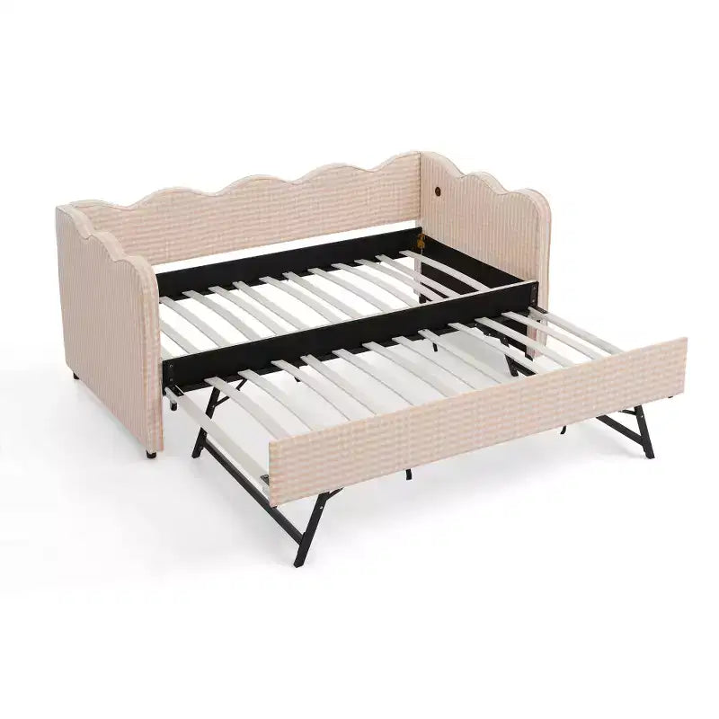 Divano Letto Singolo con Letto Estraibile, Testiera Ondulata e Porta USB Integrata, Rivestimento in Gingham