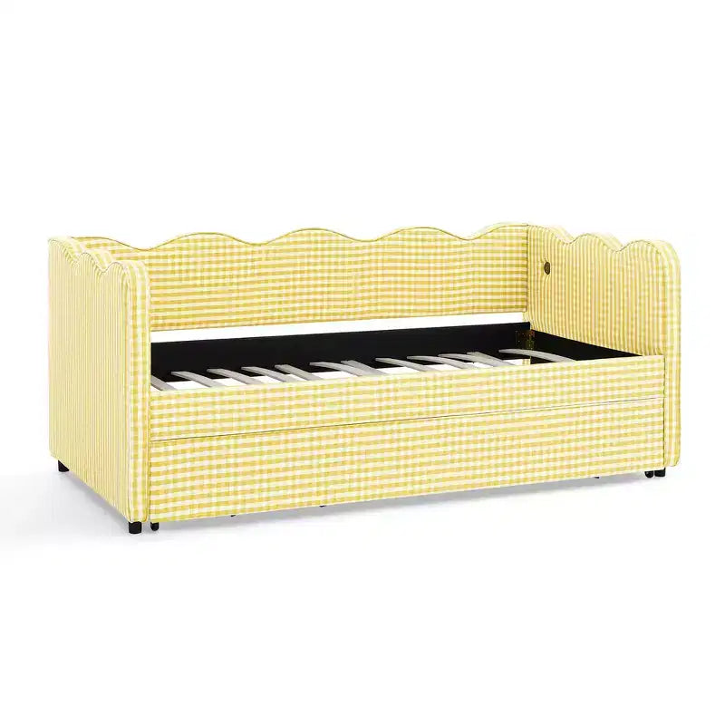 Divano Letto Singolo con Letto Estraibile, Testiera Ondulata e Porta USB Integrata, Rivestimento in Gingham