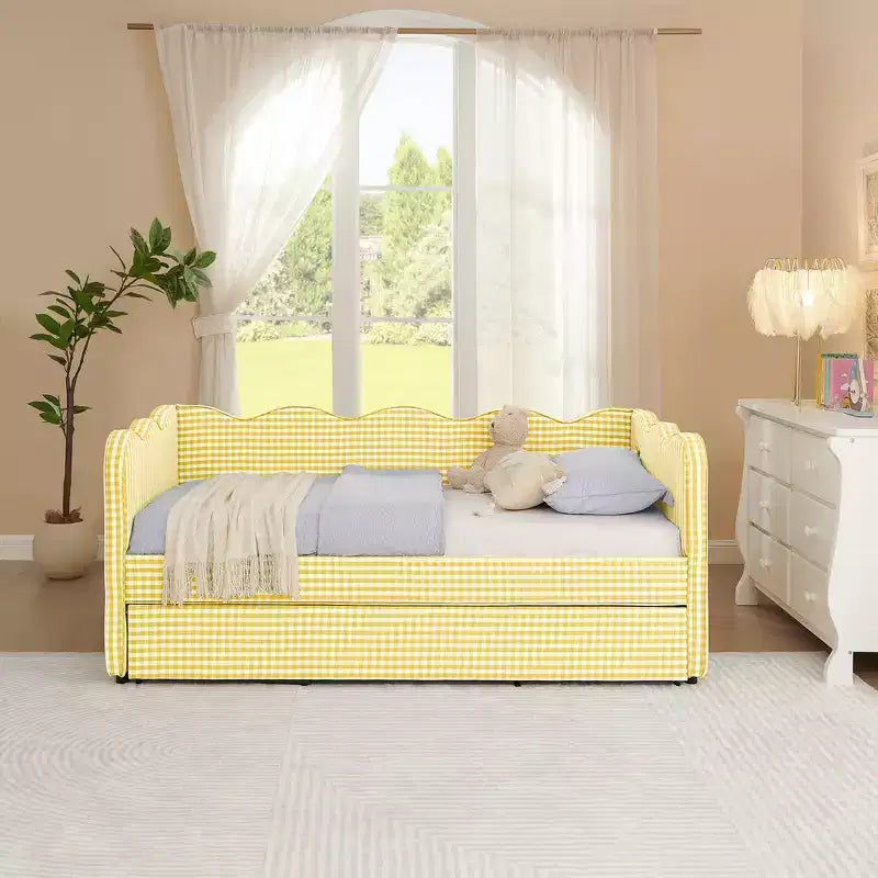 Divano Letto Singolo con Letto Estraibile, Testiera Ondulata e Porta USB Integrata, Rivestimento in Gingham