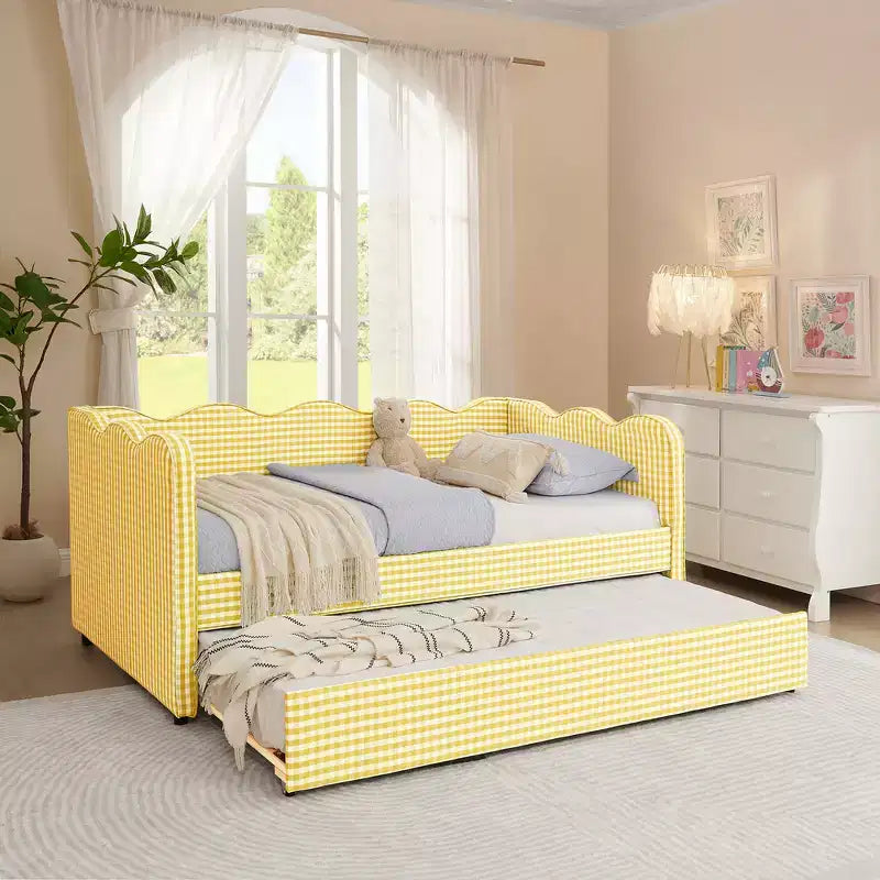 Divano Letto Singolo con Letto Estraibile, Testiera Ondulata e Porta USB Integrata, Rivestimento in Gingham