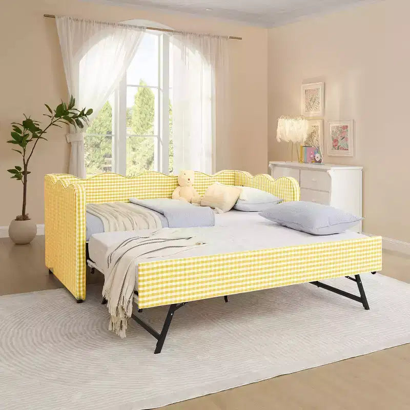 Divano Letto Singolo con Letto Estraibile, Testiera Ondulata e Porta USB Integrata, Rivestimento in Gingham