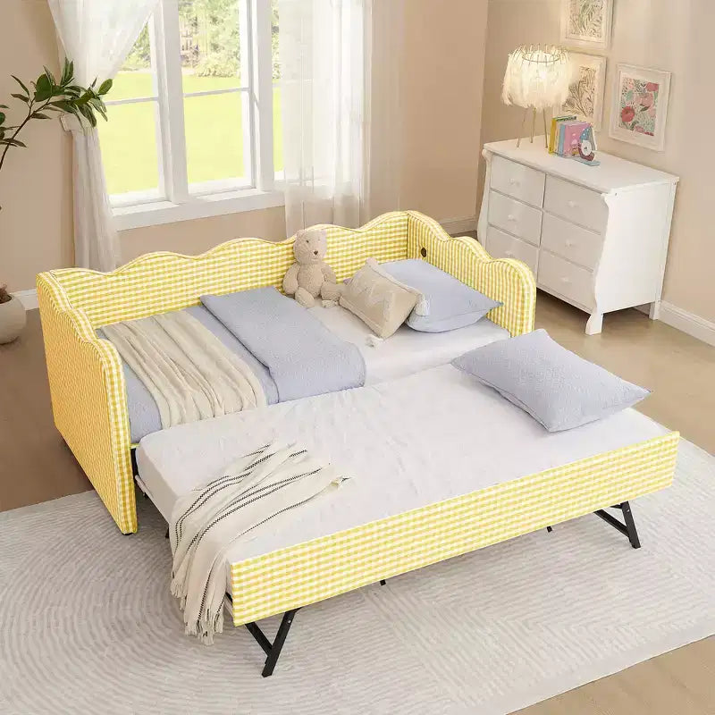 Divano Letto Singolo con Letto Estraibile, Testiera Ondulata e Porta USB Integrata, Rivestimento in Gingham