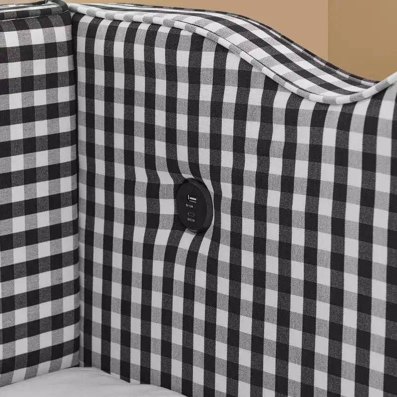 Divano Letto Singolo con Letto Estraibile, Testiera Ondulata e Porta USB Integrata, Rivestimento in Gingham