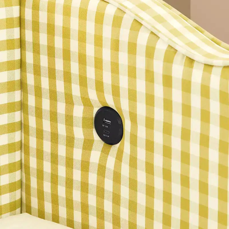 Divano Letto Singolo con Letto Estraibile, Testiera Ondulata e Porta USB Integrata, Rivestimento in Gingham