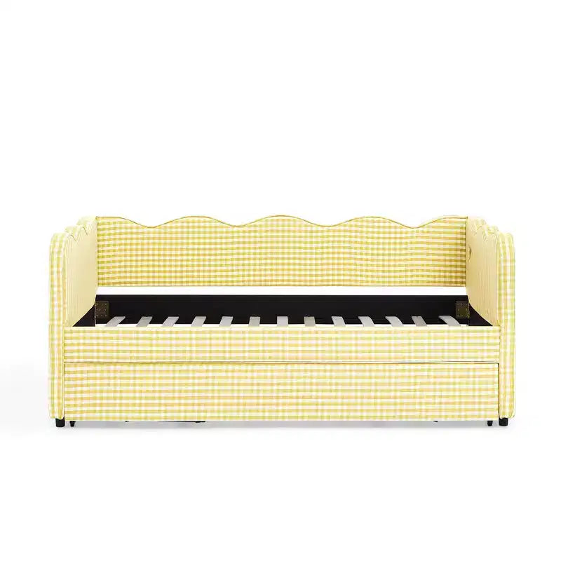 Divano Letto Singolo con Letto Estraibile, Testiera Ondulata e Porta USB Integrata, Rivestimento in Gingham