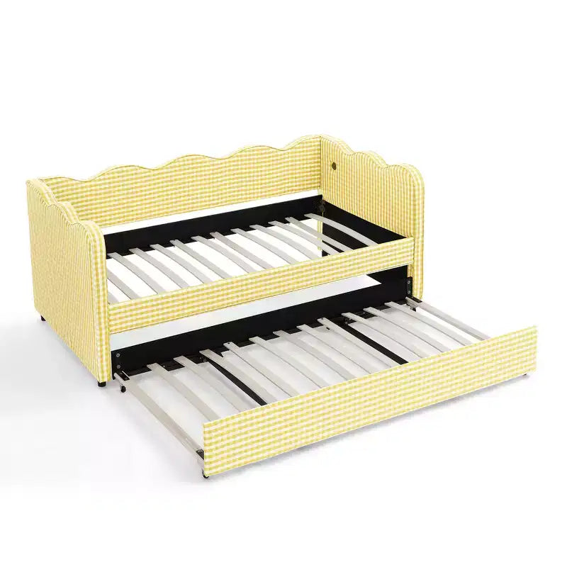 Divano Letto Singolo con Letto Estraibile, Testiera Ondulata e Porta USB Integrata, Rivestimento in Gingham