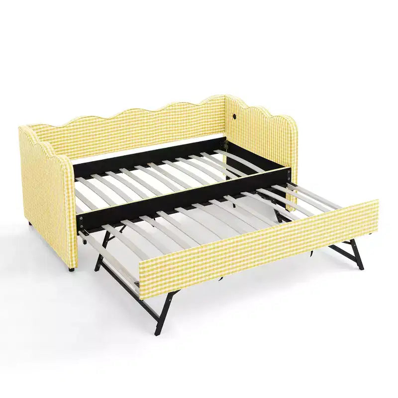 Divano Letto Singolo con Letto Estraibile, Testiera Ondulata e Porta USB Integrata, Rivestimento in Gingham