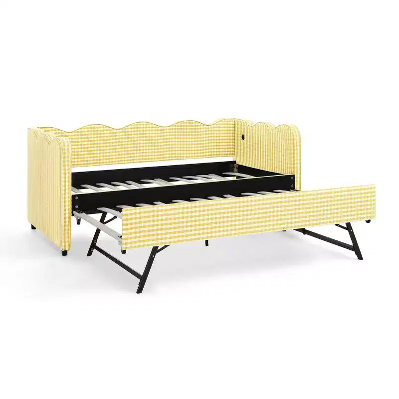 Divano Letto Singolo con Letto Estraibile, Testiera Ondulata e Porta USB Integrata, Rivestimento in Gingham