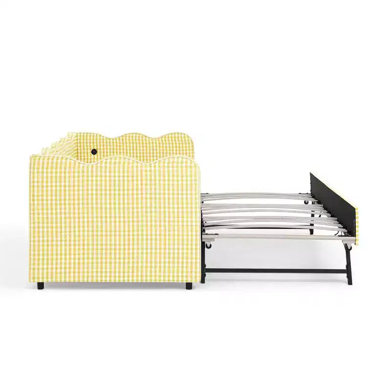 Divano Letto Singolo con Letto Estraibile, Testiera Ondulata e Porta USB Integrata, Rivestimento in Gingham