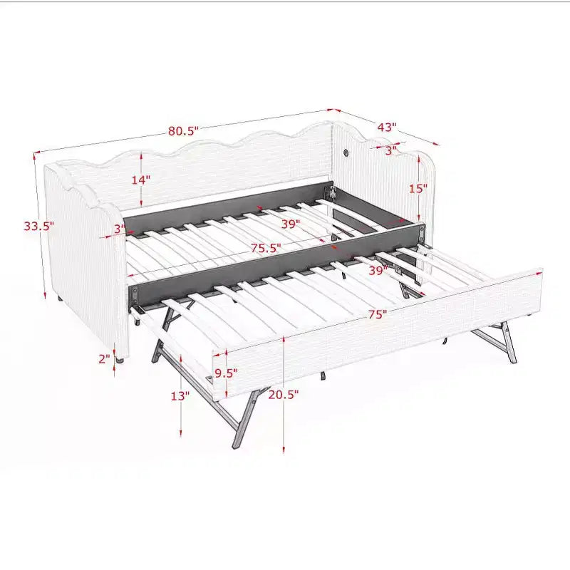 Divano Letto Singolo con Letto Estraibile, Testiera Ondulata e Porta USB Integrata, Rivestimento in Gingham