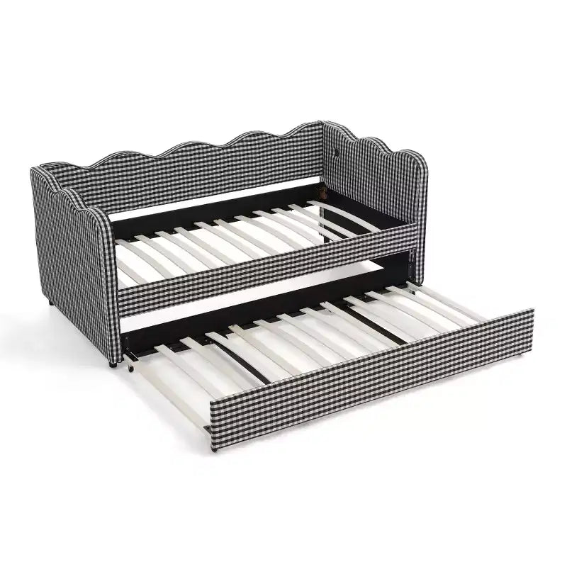 Divano Letto Singolo con Letto Estraibile, Testiera Ondulata e Porta USB Integrata, Rivestimento in Gingham