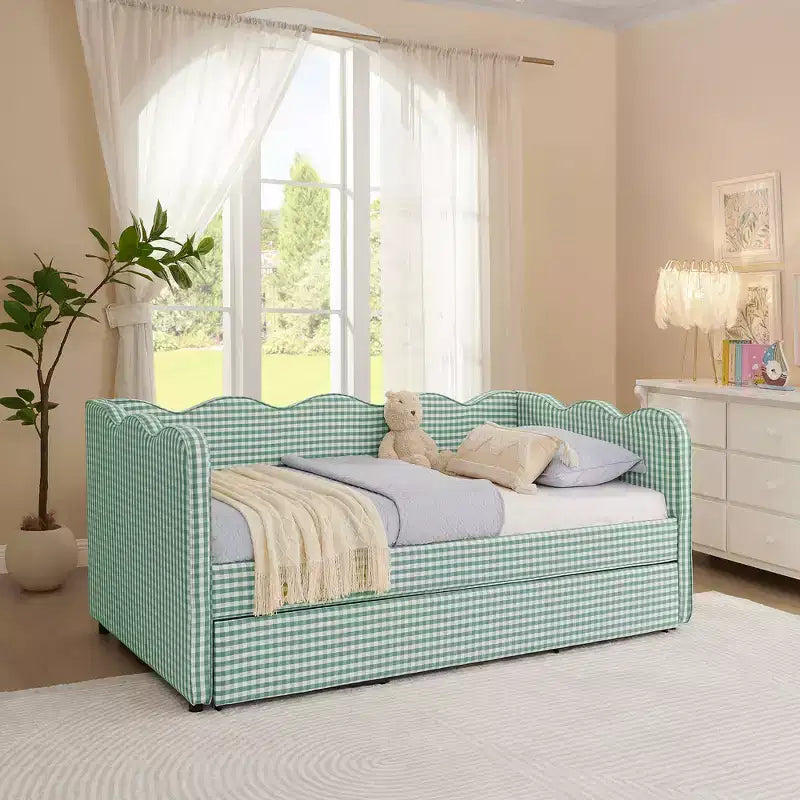 Divano Letto Singolo con Letto Estraibile, Testiera Ondulata e Porta USB Integrata, Rivestimento in Gingham